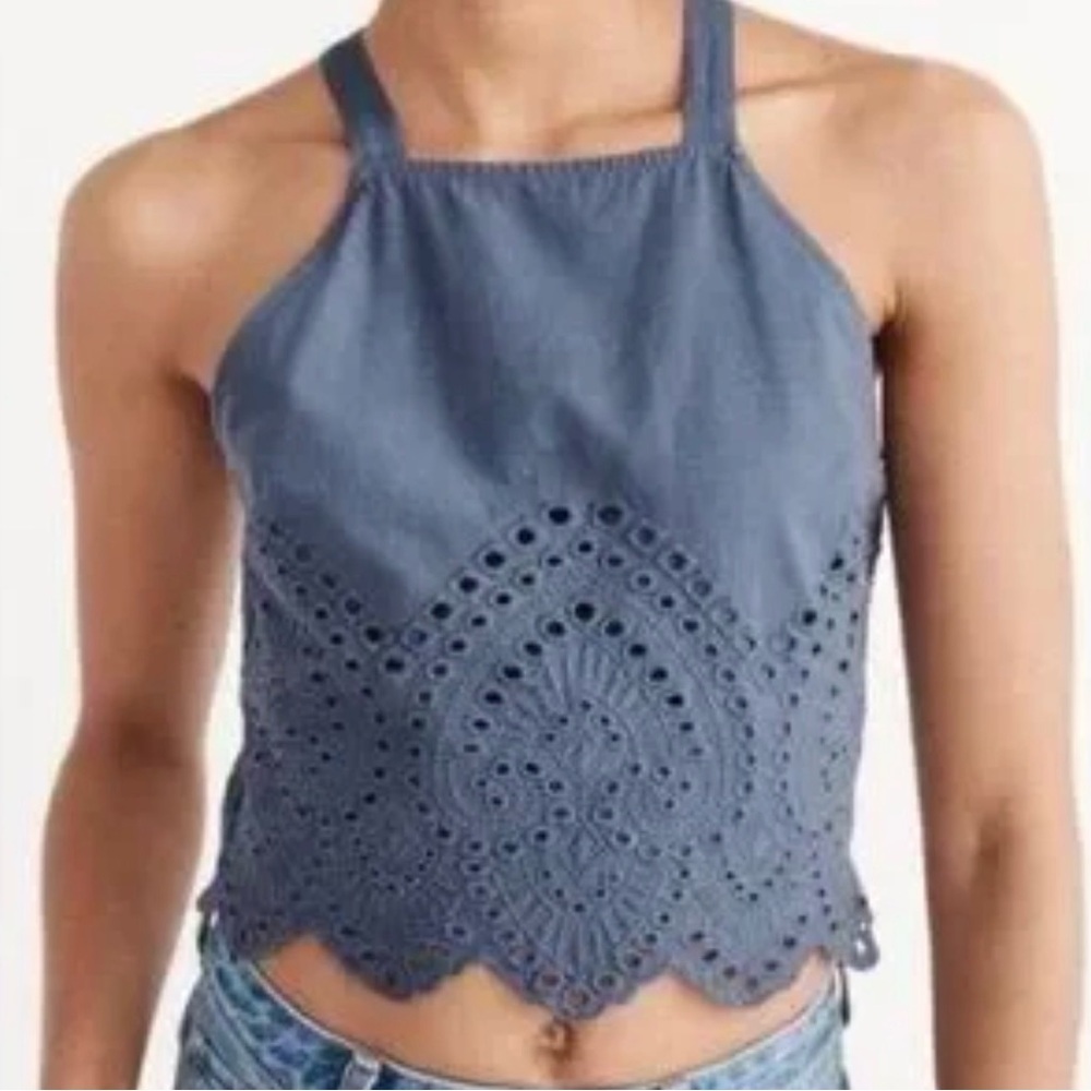 Abercrombie & Fitch Denim-Blue Eyelet lace Halter Crop Top side zip size medium